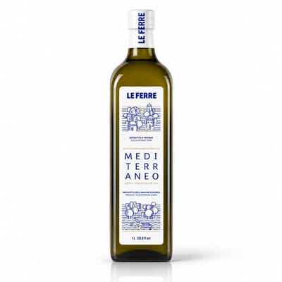 Le Ferre Mediterraneo Extra Vierge Olijfolie 1L – 0,20% Vrije Zuurgraad – Koud Geëxtraheerd- Donkere Glazen Fles