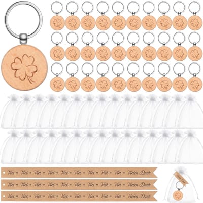 Dailygoods- Bedankje Houten Sleutelhanger Klavertje Vier - Cadeauset Collega's - Geluksbrenger - Organza Zakje - Bedankjes Afscheid - Veel Geluk
