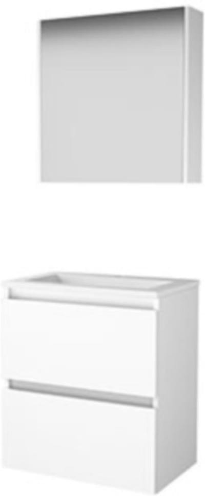 Basic-Line Comfort 39 Badkamermeubelset - Ondiep - 60 x 39 cm - Greeploos - 2 Lades - Keramische Wastafel - 1 Kraangat - Spiegelkast - Ice White