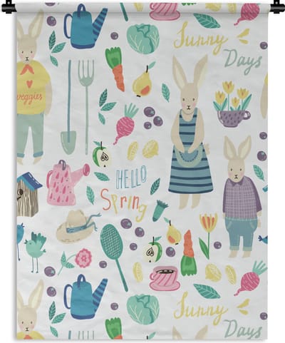 Wandkleed - Wanddoek - Patronen - Konijn - Lente - Tuin - 90x120 cm - Wandtapijt
