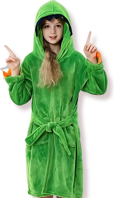 BoefieBoef Dinosaurus Kinder Pyjama Badjas 5-9 Jaar – Warme Flanellen Nachtkleding Ochtendjas met Dieren Capuchon – Cosplay Verkleed Pyjama voor Carnaval, Zwemles & Loungeplezier – Jongens & Meisjes – Perfect Cadeau - Groen L