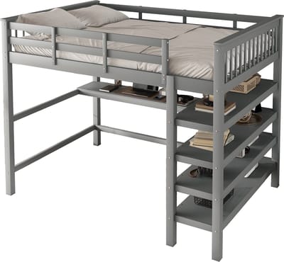 Merax Tweepersoonsbed Hoogslaper 140x200 cm - Bed met Bureau en Opbergruimte - Grijs