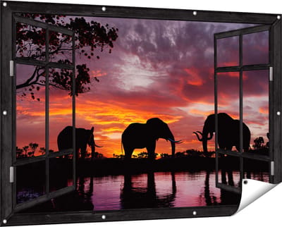 Gards Tuinposter Doorkijk Olifanten tijdens Zonsondergang - Silhouet - 150x100 cm - Tuindoek - Tuindecoratie - Wanddecoratie buiten - Tuinschilderij