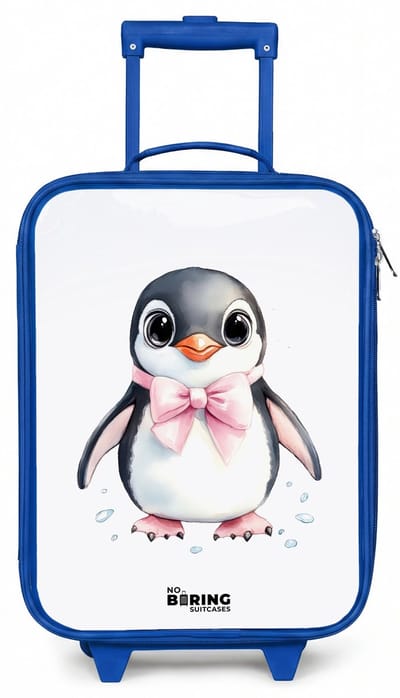 NoBoringSuitcases.com® - Kinderkoffer blauw - Kindertrolley jongen - Pinguïn met roze strik en ijsdruppels - Koffer kind lichtgewicht - Reiskoffer trolley voor kinderen - Koffertje met lichtgevende wieltjes - Rolkoffer