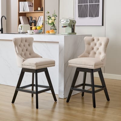 Sweiko Barkruk - Set van 2 - Draaibare stoelen - Houten poten - Velvet - Beige