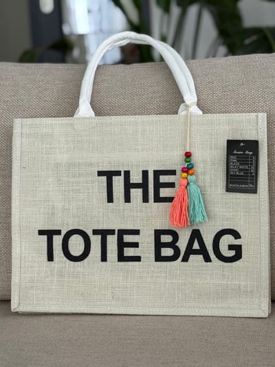 Damestas - The Tote Bag - Linnen - Beige met zwarte letters - Extra Flos - 42 x 32 cm.