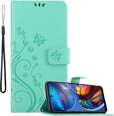 Cadorabo Hoesje geschikt voor Motorola MOTO E32 4G / E32S in Turkoois - Beschermhoes in bloemmotief met magnetische sluiting, standfunctie en kaartsleuven Book Case Cover Etui