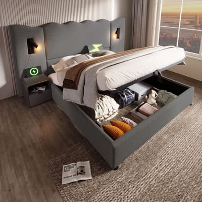 VVBV Gestoffeerd Opbergbed 180x200 cm - USB-C, Hydraulische Opbergruimte, Lattenbodem, Leeslamp, Nachtkastje, Zonder Matras