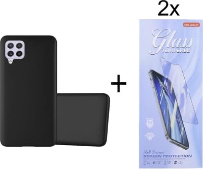 Soft Back Cover Hoesje Geschikt voor: Samsung Galaxy A22 4G Silicone - Zwart + 2X Tempered Glass Screenprotector - ZT Accessoires