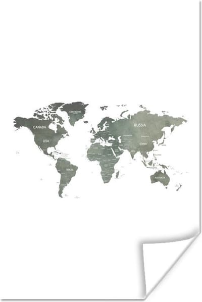 Poster 60x90 cm - Wereldkaart - Grijs - Land - Posters - Kamer decoratie - Wanddecoratie woonkamer - Muurdecoratie slaapkamer