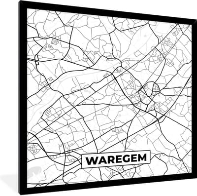 Fotolijst incl. Poster Zwart Wit- Zwart Wit – België – Plattegrond – Stadskaart – Kaart – Waregem - 40x40 cm - Posterlijst