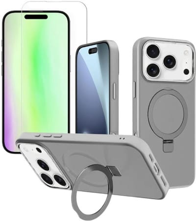 Backcover met onzichtbare standaard [Compatibel met MagSafe] Schokbestendig Hoesje - Geschikt voor: Apple iPhone 17 Pro - Grijs + 2x Screenprotector