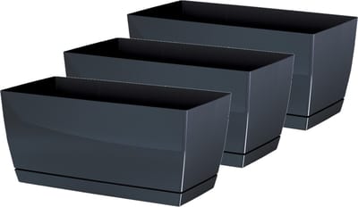 Prosperplast Plantenpot/bloempot met opvangschaal - 3x - kunststof - antraciet 24 x 12 x 11 cm - binnen/buiten