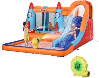Meerkleurig opblaasbaar springkasteel, 350 x 250 x 185 cm, inclusief ventilator, reparatiepleisters en bevestigingsmateriaal
