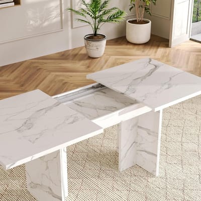 Eettafel Uitschuifbaar - Eetkamertafel - Gezellig Tafelen - Verstelbare Lengte - 180 cm - Wit Marmer