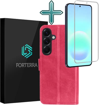 Hoesje Met Screenprotector - Geschikt voor Samsung Galaxy A57 - Luxe Pasjeshouder - Flipcase - Bookcase Portemonee - Flip Case - Kunstleer Book Case - Book Cover - Walletcase - Portemonneehoes - Donkerroze