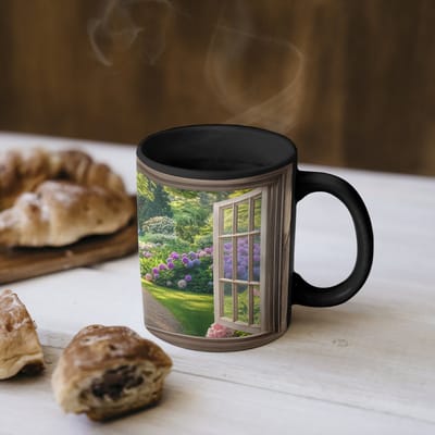 Magische Mok - Foto op Warmte Mokken - Koffiemok - Doorkijk - Tuin - Raam - Hortensia - Bloemen - Magic Mok - Beker - 350 ML - Theemok