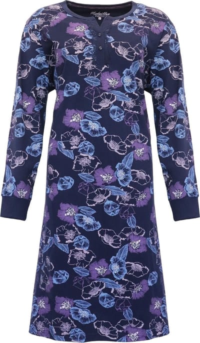 Medaillon Dames Nachthemd - 100% Katoen - Gebloemd - Blauw - Maat S