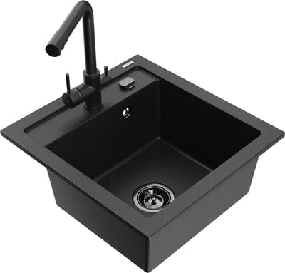 Mexen Vito granieten gootsteen 1-kompartment met keukenkraan Duero, zwart/goud metallic - 6503-75-671600-70-B