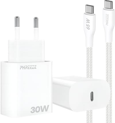Phreeze usb C snellader 30W met usb C naar usb C kabel 1 meter - Gevlochten Wit