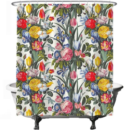 Ulticool Douchegordijn Anti Schimmel - Tulp Roos Grote Bloemen - 180 x 200 cm - met 12 ringen - Waterdicht & Wasbaar - Semi Transparant - Wit Rood Geel Blauw Groen