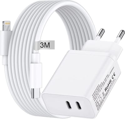 Oplader kabel geschikt voor iPhone 12 Pro Max 13 Pro Max 14 Pro Max - Usb C naar Lightning Kabel 3 Meter - Usb C Adapter 35w GaN - Snellader Extra Lange Kabel