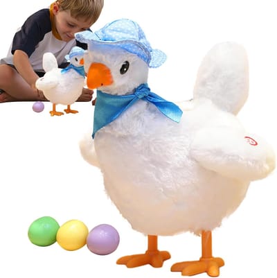 Muzikale Kip Pluche - Zingend Dier - Kinderen Spel - Inclusief 3 Eieren - 28x20x16 cm - Geel Wit