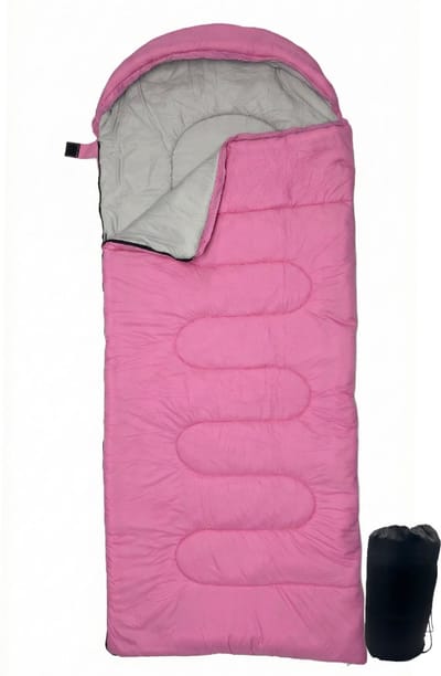 Lichtgewicht Slaapzak 1kg voor Kinderen - Compacte Envelop Slaapzak met Capuchon - 170x70 cm - Waterafstotend 380T Nylon - 4 Seizoenen - Machine Wasbaar - Ideaal voor Kamperen, Logeren & Wandelen - 2×Wegs Rits Inclusief Compressiezak - Roze