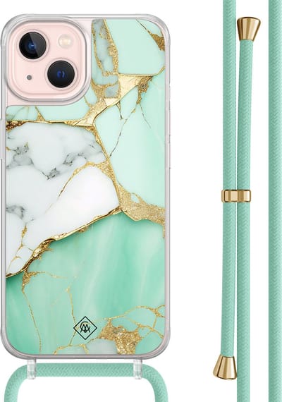 Casimoda® hoesje met mintgroen koord - Geschikt voor iPhone 13 - Marmer Mintgroen - Afneembaar koord - TPU/acryl - Mint