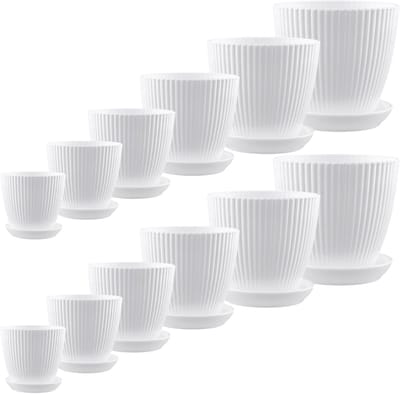 Set van 12 Plastic Plantenpotten met Afvoergaten en Lade, 6 Maten voor Binnen en Buiten, 9/11/13/15/17/19cm, Ideaal voor Tuinieren en Decoratie