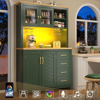 Buffetkast - 105,5 x 40 x 180 cm - Landelijke Stijl - 4 Deuren met LED en Bekerhouders - Hout - Groen
