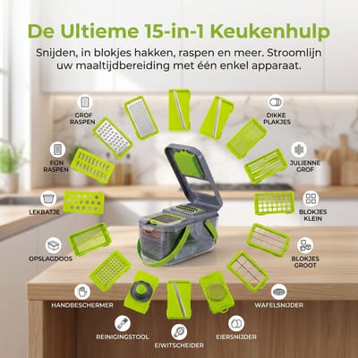 MULIN 15-in-1 Groentesnijder met Opvangbak 2800ml – Multifunctionele Mandoline Snijder – Uiensnijder, Julienne Snijder, Blokjessnijder, Groente Cutter – Keukenhulp Set BPA Vrij
