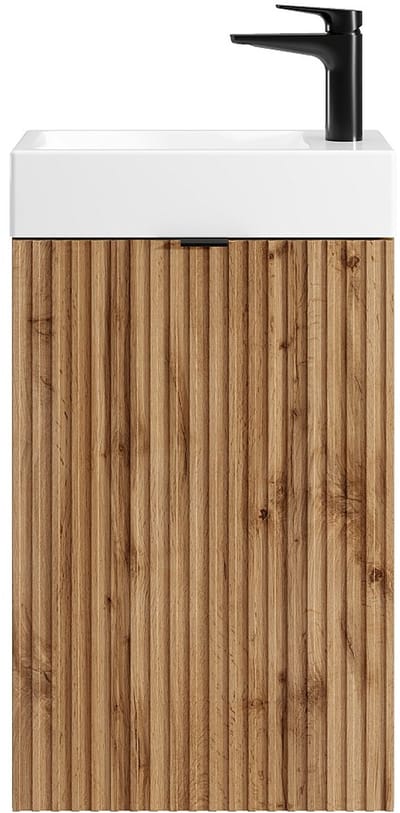 Vente-unique Geribbeld wastafelmeubel met omkeerbaar deurtje, licht naturel - H60 x L40 x D22 - VAHIRA