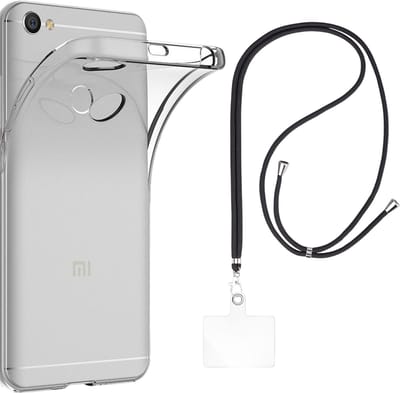 Set met hoesje en nekband voor xiaomi redmi note 5a - Flexibele, transparante TPU-bescherming, verstelbare universele nekband voor mobiele telefoons, zwarte nekband, transparante draagriem van Phonillico®
