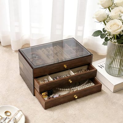 Juwelendoos met laden - Sieraden organizer - Sieraden opbergen - Transparant acryl deksel - 3 laden - Bruin