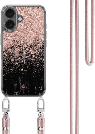 Casimoda® hoesje met rosegoud koord - Geschikt voor iPhone 17 - Marmer Twist - Afneembaar koord - TPU/polycarbonaat - Multi