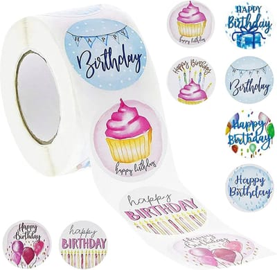 500 Stickers Op Rol - 2.5cm - Happy Birthday Mix 2 - Verjaardag Stickers - Sluitsticker - Sluitzegel - 25mm
