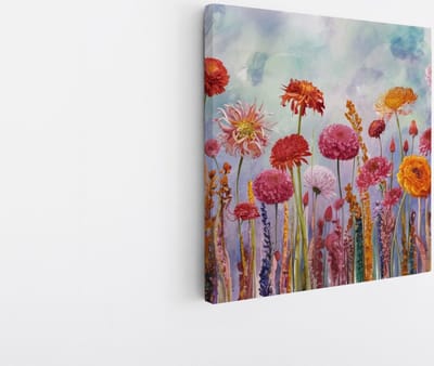Saammp Canvas Schilderij - Abstract Kleurrijk Bloemlandschap - Abstract - 20x20 - Foto op canvas - Wanddecoratie - Muurdecoratie Woonkamer - Kantoor Decoratie