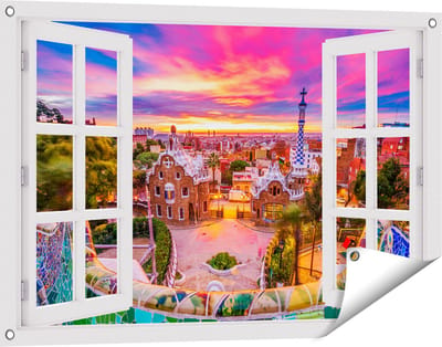 Gards Tuinposter Doorkijk Park Güell Uitzicht op Barcelona - 90x60 cm - Tuindoek - Tuindecoratie - Wanddecoratie buiten - Tuinschilderij