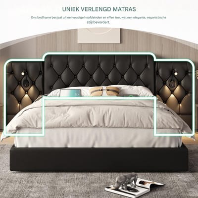 VVBV Hydraulisch Opbergbed 160x200 cm met Leeslamp, Hoofdbord - Bureau, USB, Hydraulische Opbergruimte - Zwart - PU Leather