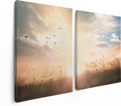 Artaza Canvas Schilderij Tweeluik Silhouet Vogels Tijdens Zonsopkomst - 120x80 cm - Wanddecoratie Woonkamer - Schilderijen - Muurdecoratie