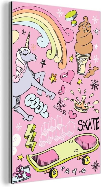Wanddecoratie Metaal - Aluminium Schilderij Industrieel - Meisjes - Design - Unicorn - Regenboog - Roze - 120x180 cm - Dibond - Foto op aluminium - Industriële muurdecoratie - Voor de woonkamer/slaapkamer