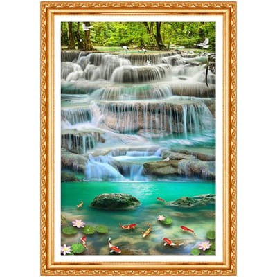Broderie Paysage de poissons de ruisseau naturel Image Peinture diamant ronde complète en strass Point de croix 20X30CM gray