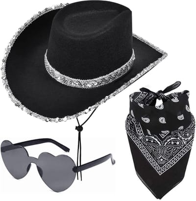 3-delig Cowboy Hoed Kostuum Accessoire Set met Zwarte Hoed, Paisley Bandana en Zonnebril voor Verjaardag, Halloween en Feestjes