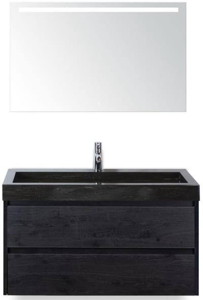 Dante Badmeubelset 100 cm - Black Oak - Wastafel Hardsteen Wit Lucca met Sence Spiegel
