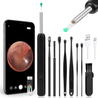 MMP® Oordouche - Oorspuit - Oorreiniging - 10 Verwisselbare Tips met Camera - met 6 LED Lampjes - Zwart- 16cm x 7cm x 2cm