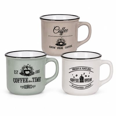 Benza - Koffiemokken Set – 6 x 180 ml – Stoneware – Retro Emaille Look – Metallic Glazuur – Voor Koffie, Thee en Cappuccino