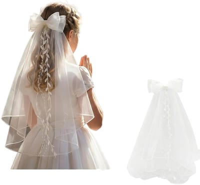 Haarversiering Communie Meisjes, Elegant Wit Strikontwerp Dubbellaags Net, Haarkam met Parels & Rotan, Geschikt voor Eerste Communie, Bruiloften, Bruid, Bloemenmeisjes