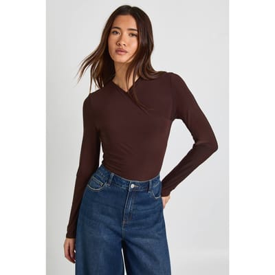 boohoo Dames Wikkel Voorkant Mat Slinky Lange Mouw Bodysuit | Chocolate | Maat: 14