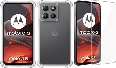 Hoesje + Screenprotector geschikt voor Motorola Moto G15 / G05 / E15 – Tempered Glass - Extreme Shock Case Transparant